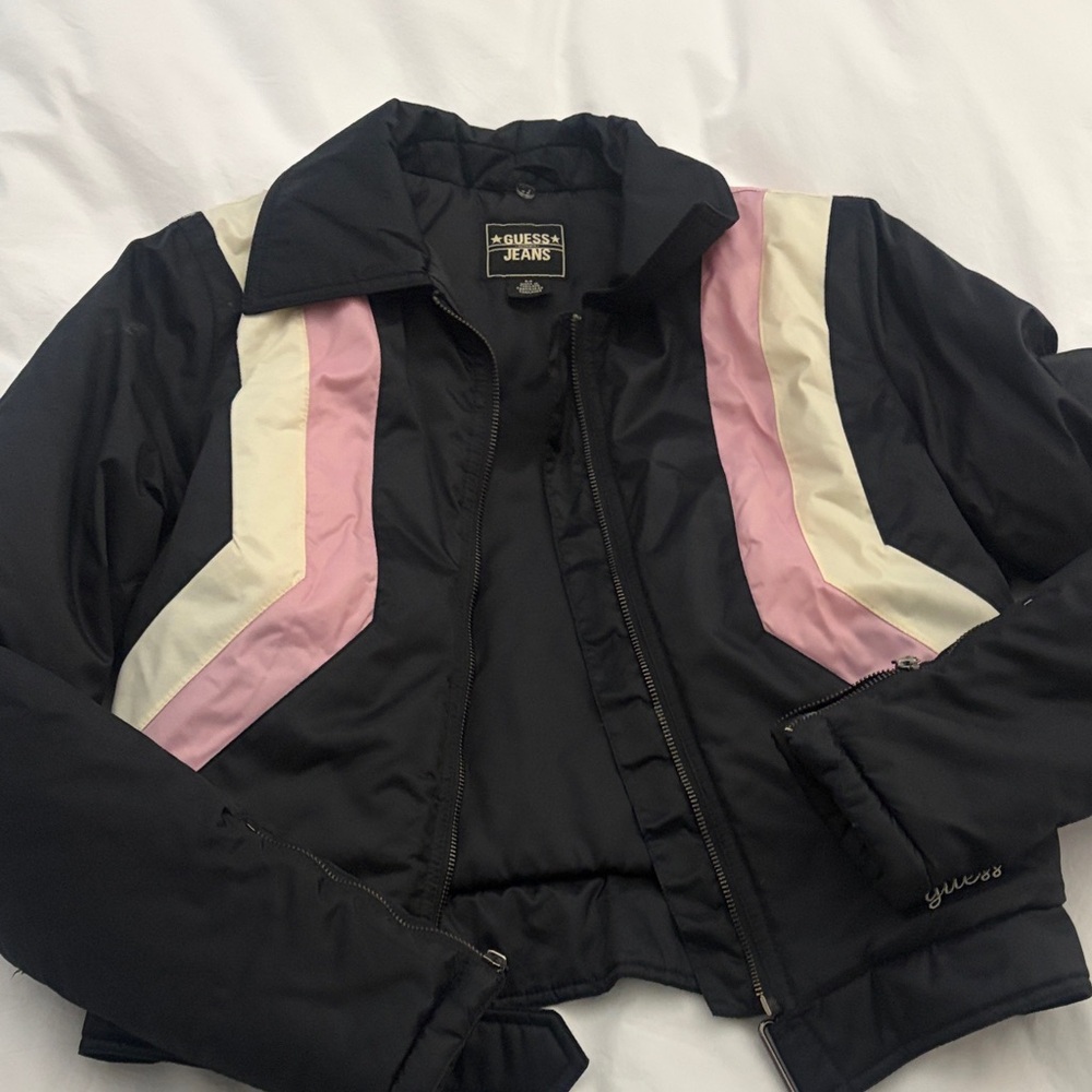 GUESS Black Bomber Jacket with Pink and Cream Stripes